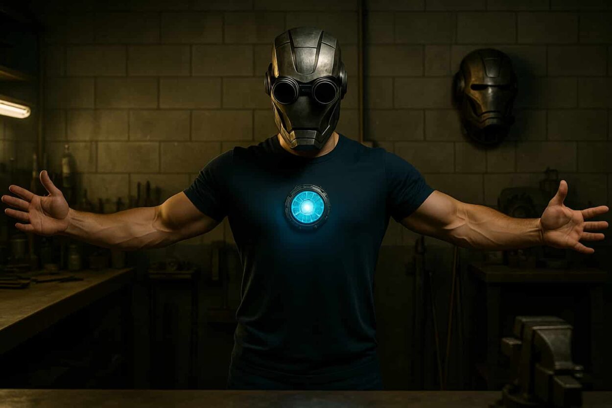 Youtube creator conceptual image showing him demontrating the wearable hydrogen reactor.