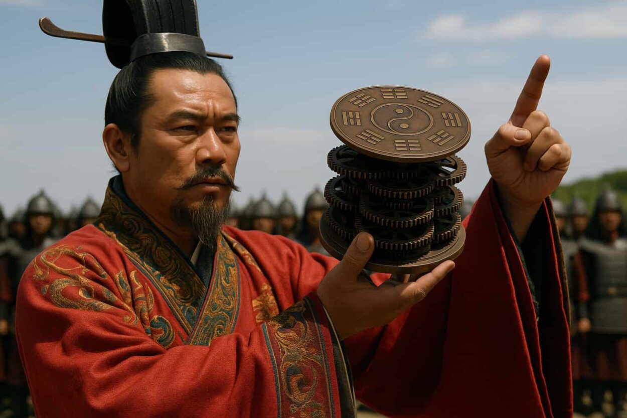 conceptual image of what a Mohist scholar infront of a line of soldiers with a Mohist mechanism in hand.