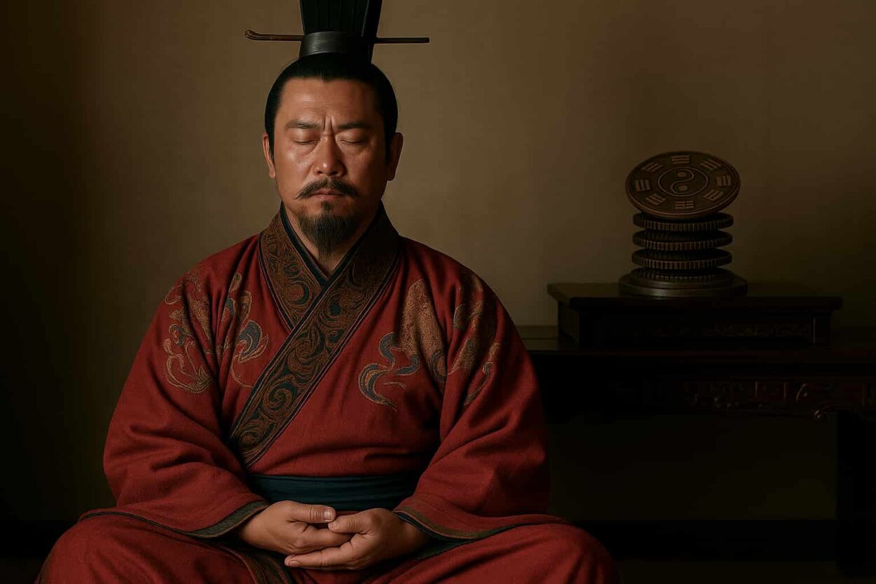 conceptual image of one of the Mohist mechanism makers sitting in meditation - the source of their ethical and mechanical ingenuity.