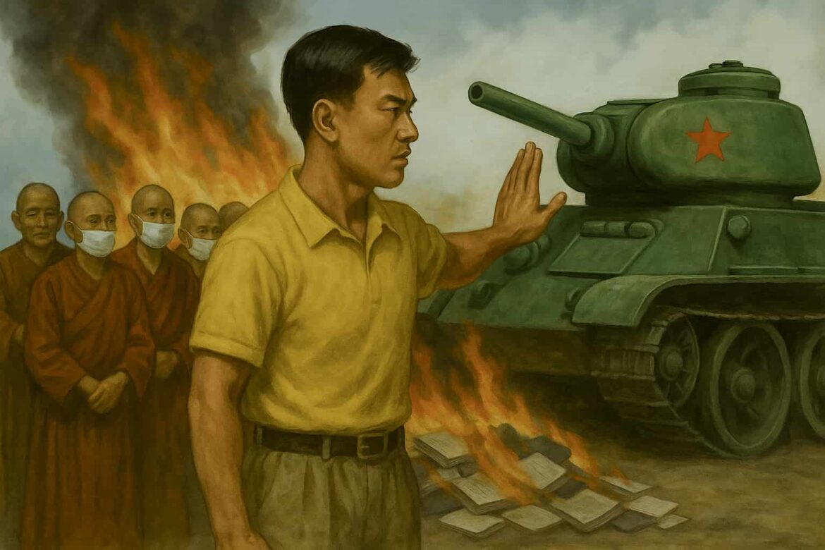 Illustration from the tank man scene of a single man defying a whole system in retrospective of Mao Zedong’s moral legacy.