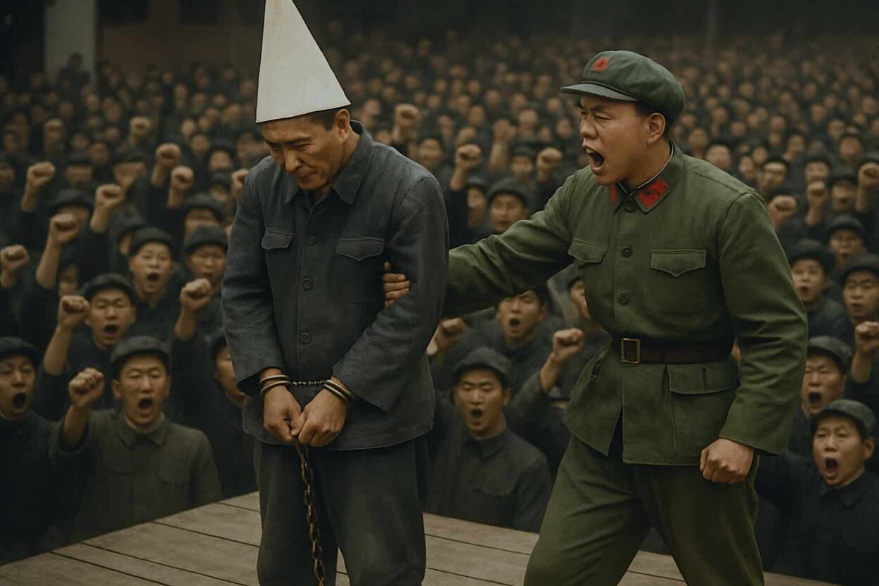 An illustrative representation of Mao Zedong’s moral legacy, and how academics were bullied and publically denounced on stage during the cultural revolution.