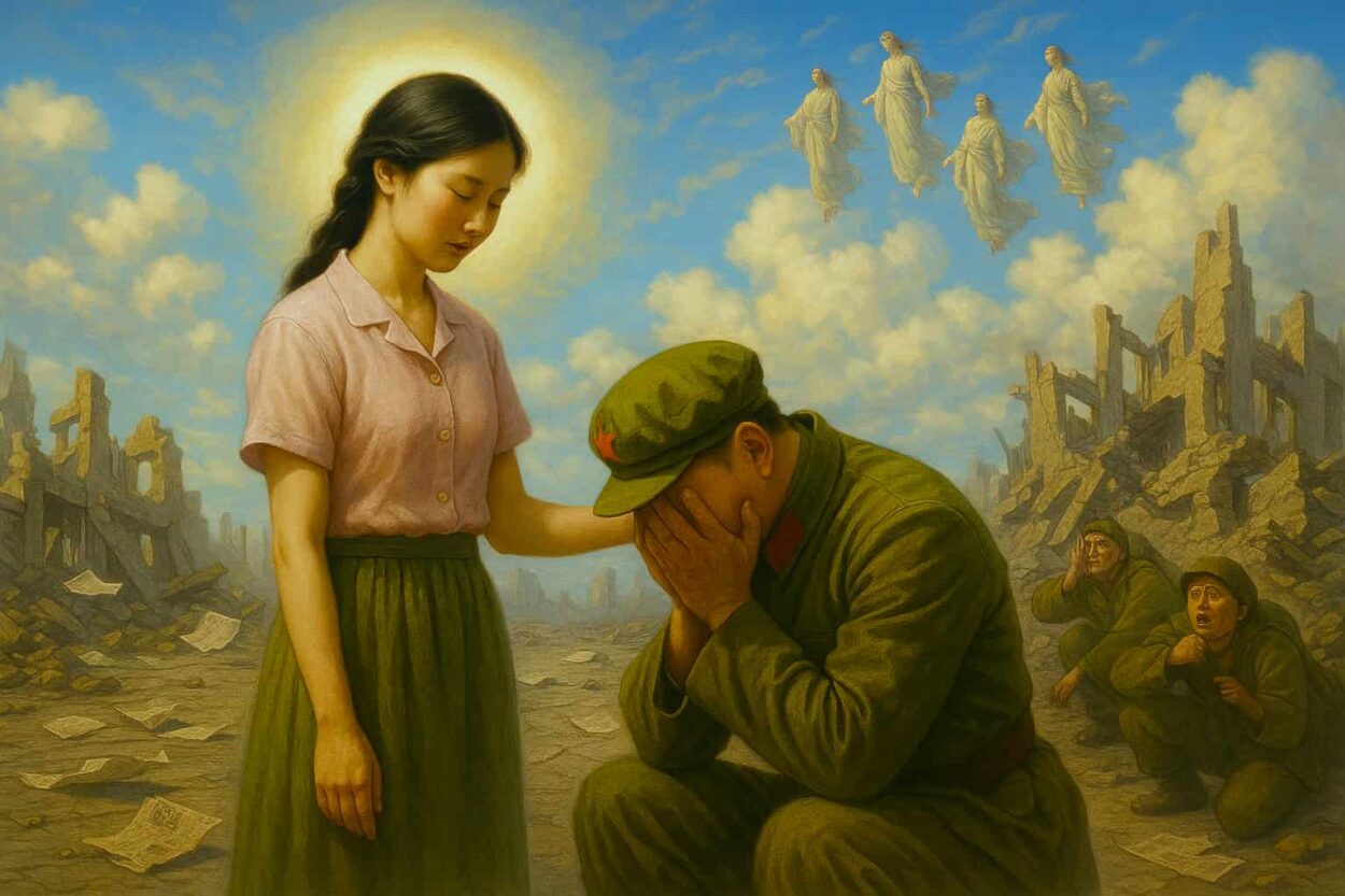 Illustration of a female who was previously tortured by a red guard following Mao Zedong’s moral legacy - but still manages to act in Benevolence towards her perpetrator who is in painful remorse for his past actions.