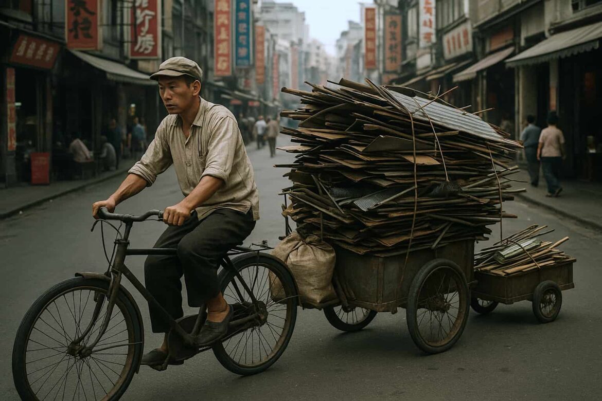 Chinese middle-aged man on bicycle in Chinese City pulling a pile of scrap.