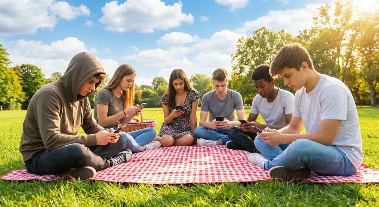 Children sitting in a circle outside where thy would normally be running, singing and playing if it weren't for the smartphones and the social media apps on them many parents and the government in Australia believe. 