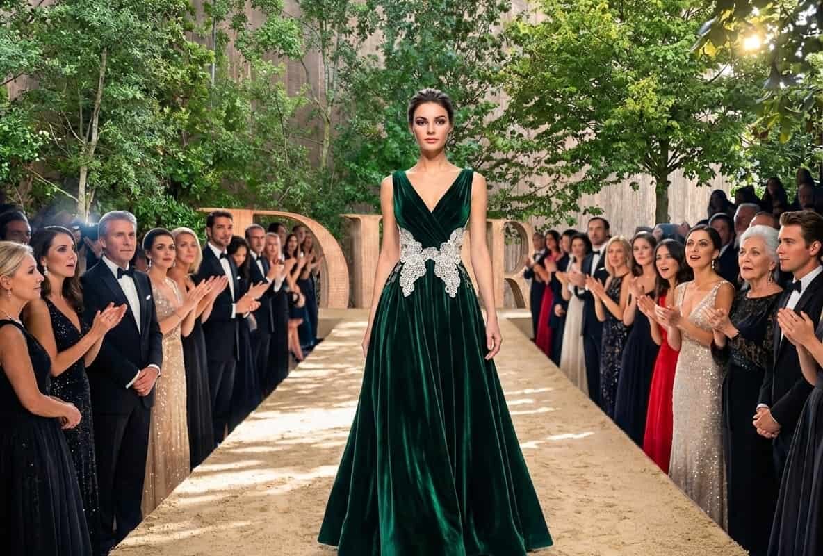 Conceptual illustration of a model walking down a runway at the 2020 fashion show where Dior partnered with a team of landscape architects called coloco.