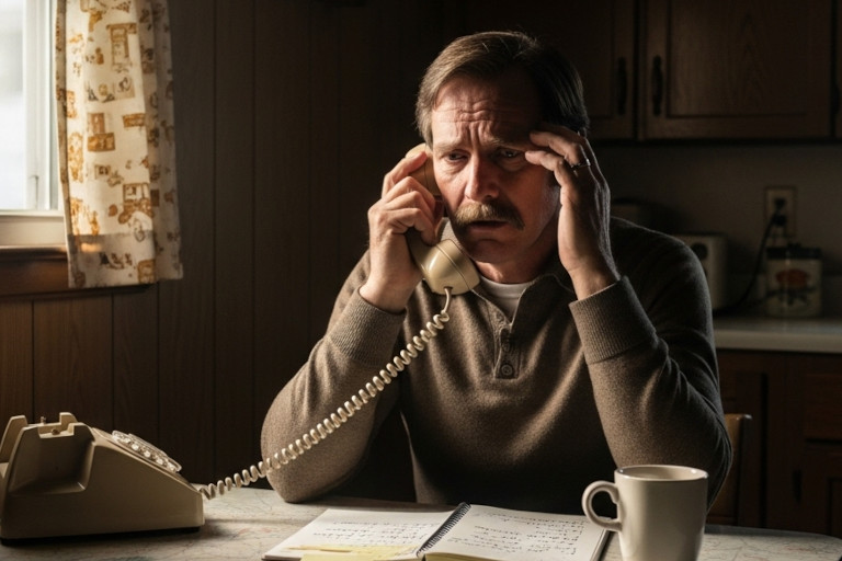 AI-generated image of a 1970s man with a mustache sitting at a kitchen table talking on a telephone, looking distressed.
