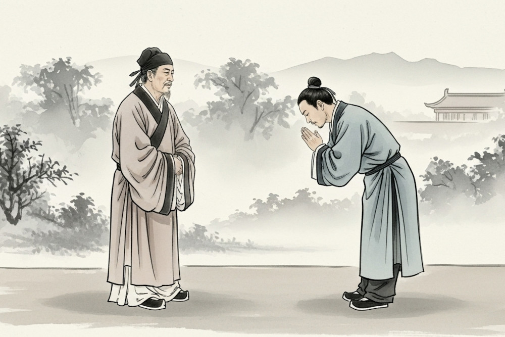 AI-generated image of a younger man bowing respectfully with clasped hands before an older official.