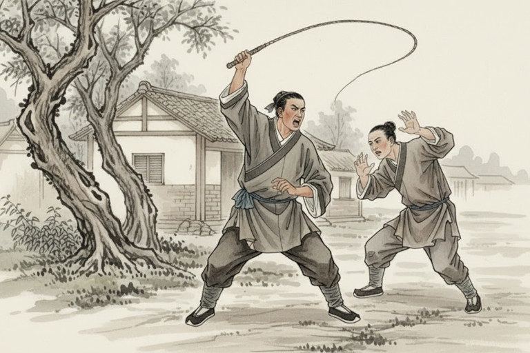 AI-generated image of a hot-tempered young man raising a whip toward a frightened servant on a village road, depicted in traditional Chinese watercolor style.