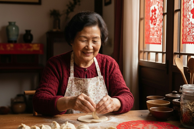 AI-generated image of an elderly Asian woman working quietly in a cozy kitchen, shaping dumplings by hand as morning light filters through the window.
