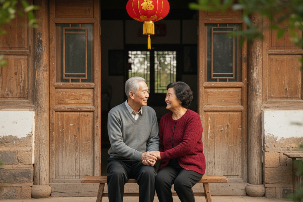 AI-generated image of an elderly Asian couple sitting together outside their rustic home, smiling warmly at each other.