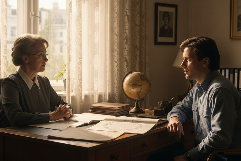 AI-generated image of a 1980s astrologer warning a worried man across a desk covered with star charts, softly lit and cinematic.