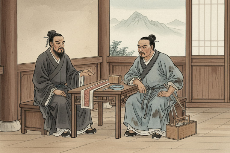 AI-generated image of two men in ancient attire debating inside a wooden hall, with simple models on the table representing city defenses, painted in a calm, muted watercolor palette.