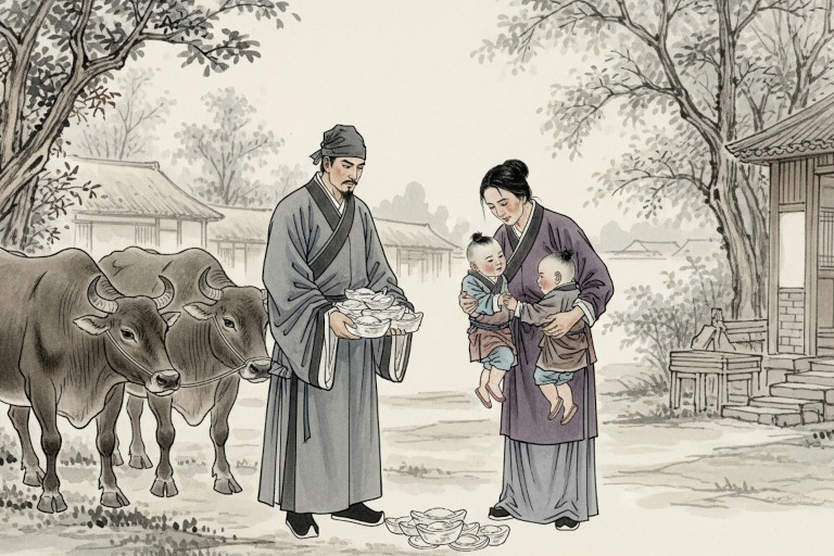 The translator arrived with oxen and silver, hoping his wealth would dissuade the widow from seeking justice.