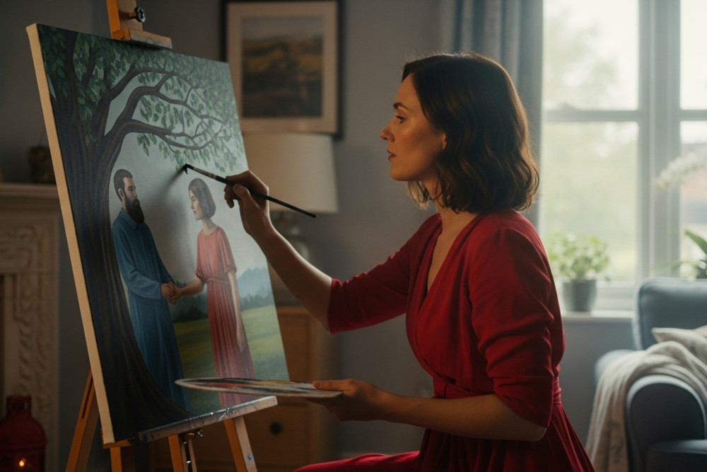 AI-generated image of a woman in a red dress painting a canvas that depicts herself with a bearded man, in a softly lit living room with a gentle, mysterious mood.