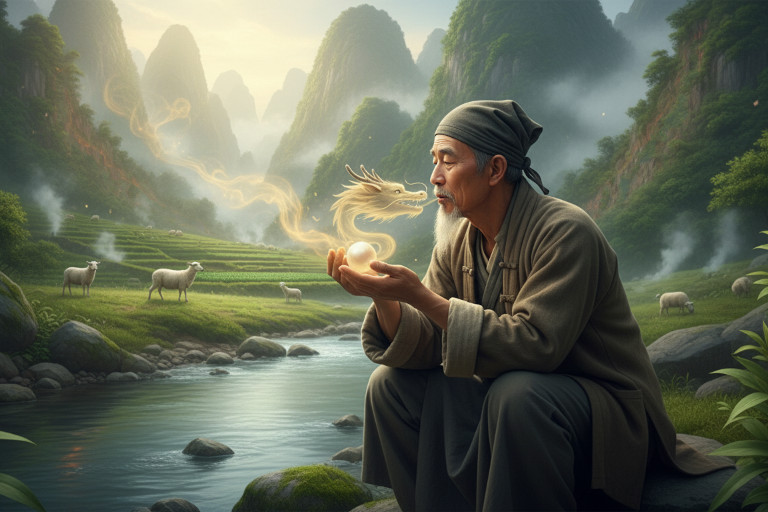 AI-generated image of an elderly man by a river transforming into a small benevolent dragon as warm springs emerge from the earth.