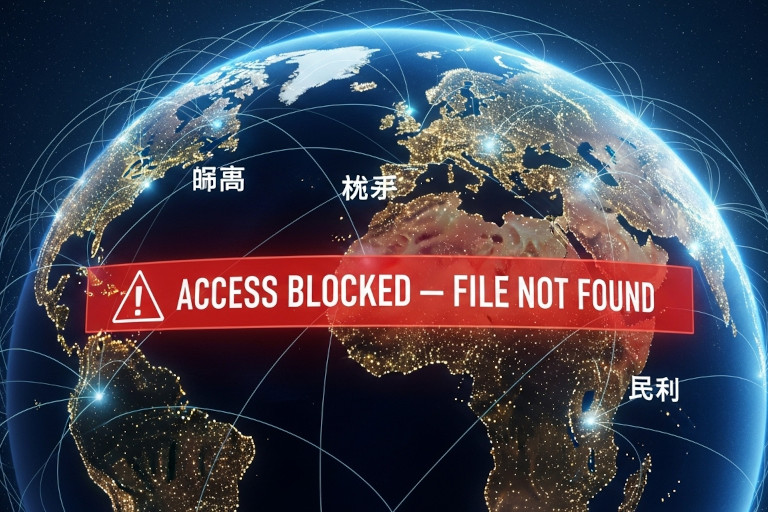AI-generated image of a digitally rendered Earth with Chinese characters across regions and a glowing red warning banner reading 'ACCESS BLOCKED — FILE NOT FOUND' across the globe, representing global censorship and information suppression.