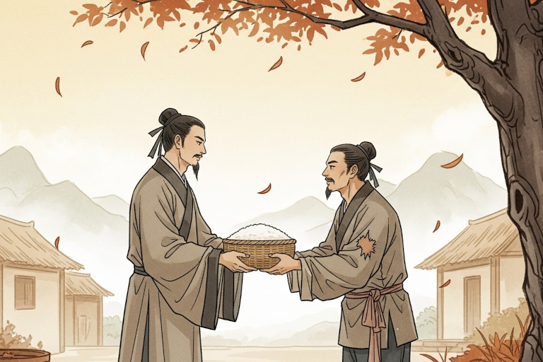 AI-generated image of a wealthy man offering a dou of rice to his poor neighbor in a traditional Chinese village painted in watercolor style.