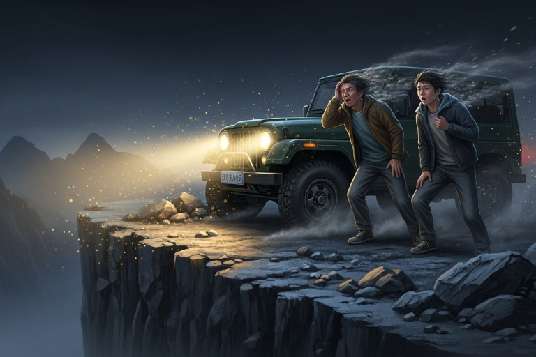 AI-generated image of an old jeep stopped just short of a cliff edge at night on Wutai Mountain, with an adult man and a teenage boy standing outside the vehicle, breathless and shaken after the near accident.