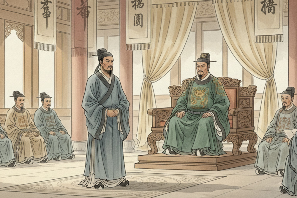 AI-generated image of an ancient scholar addressing a ruler seated on a throne in a grand palace hall surrounded by officials, painted in traditional Chinese watercolor style with soft earth and jade tones.