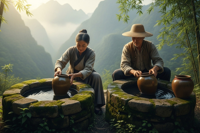 AI-generated image of a humble ancient Chinese couple drawing water from mountain wells in a quiet forest setting.