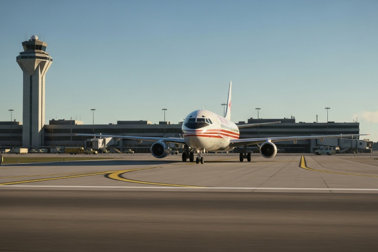AI-generated image of a 1970s passenger jet taxiing at Chicago O’Hare Airport.