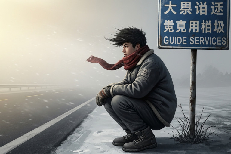 AI-generated image of a teenage boy crouching by a roadside at the foot of Wutai Mountain on a freezing morning, holding a small guide sign as winter wind blows across the empty landscape.