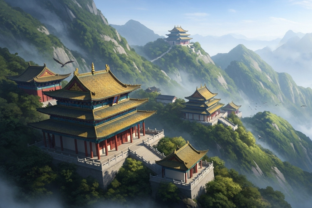 AI-generated image of temples on Wutai Mountain with golden rooftops, mist-filled valleys, and lush green mountains under bright morning light.