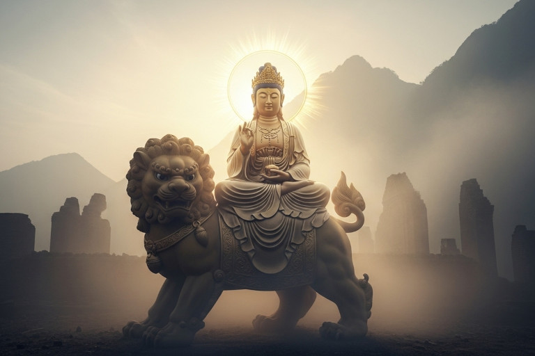 AI-generated image of Bodhisattva Manjushri appearing through clouds of smoke above temple ruins on Mount Wutai, radiating calm golden light amid the aftermath of demolition.