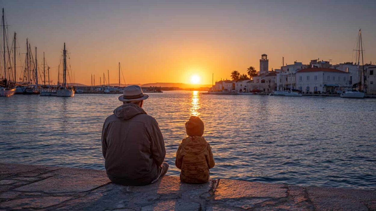 elder and child sitting at harbour ledge symbolizing the mentality of a broad mind. It has wisdom of an elder, and it is flexible and can learn like a child.