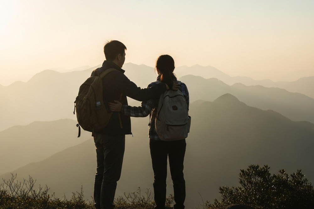 AI-generated image of a Chinese couple standing side by side at the top of a mountain.