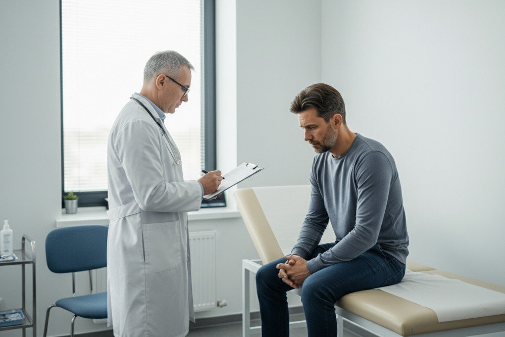 AI-generated image of a modern doctor standing beside a patient in a clinical treatment room.