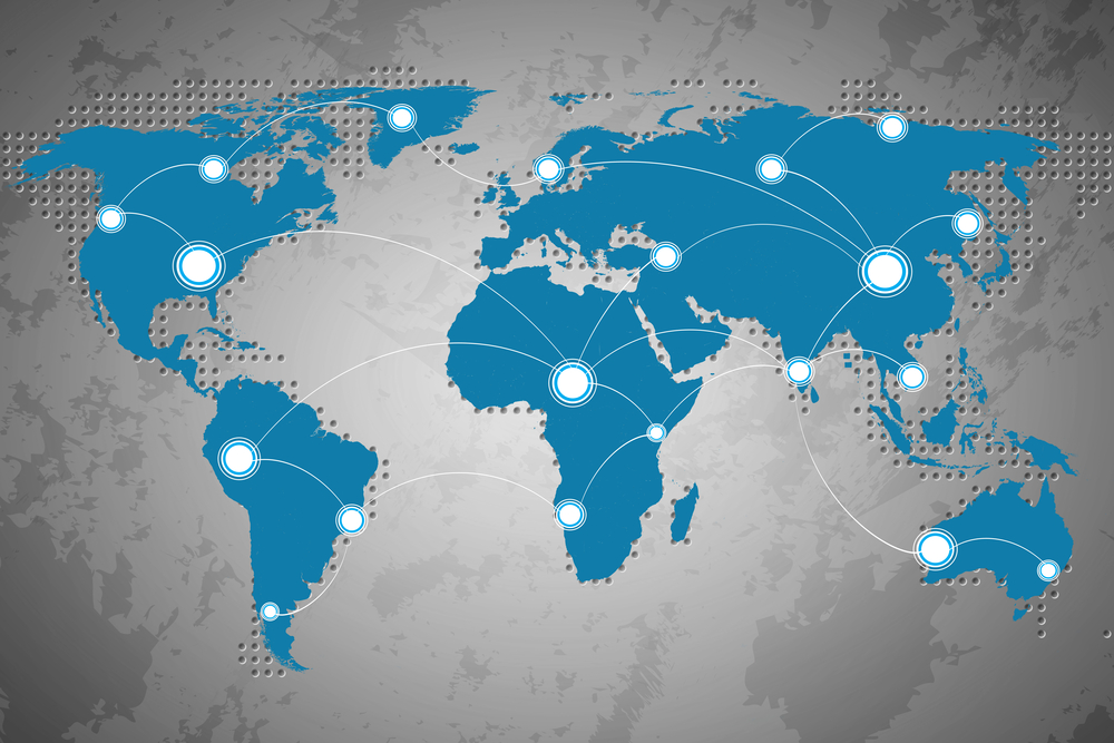 World map showing connecting lines between different countries.