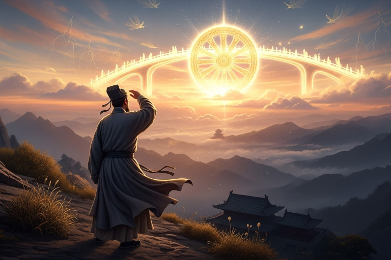 AI-generated image of a Chinese scholar on Mount Wutai at sunset, gazing upward as a glowing golden wheel and bridge of light appear among drifting clouds.