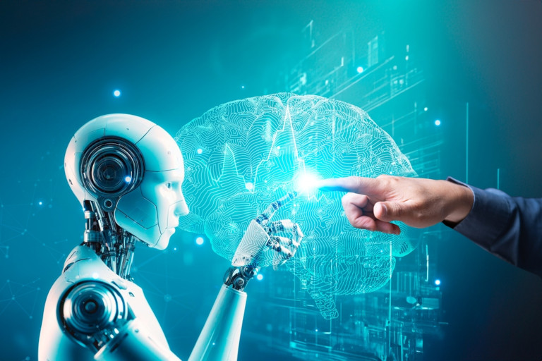 Robot and human touching fingers, reminiscent of Michelangelo's 'The Creation of Adam.' 