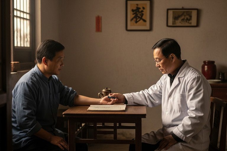 AI-generated image of an elderly Chinese village physician from the 1960s gently feeling a patient’s pulse inside a simple traditional home, illuminated by warm morning light that conveys sincerity and trust.