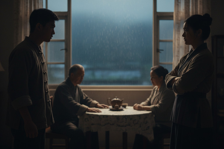 AI-generated image of a tense Chinese household at dusk, with a young couple in silhouette near a window and an older man and woman sitting in the background, suggesting quiet family conflict.