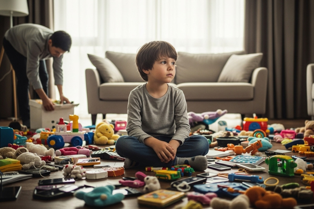 AI-generated image of a child sitting in a modern living room surrounded by an overwhelming number of toys and possessions, highlighting the contrast between abundance and emotional disconnect.