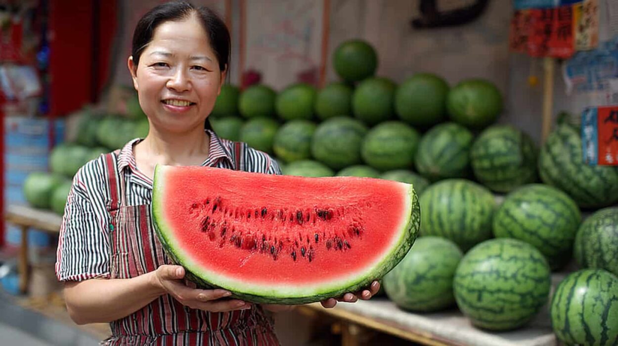 Illustrative: Asian female philanthropist Chen Shu-chu holding a water melon symbolizing the fruits of diligence and self sacrifice this taiwanese lady amounted.
