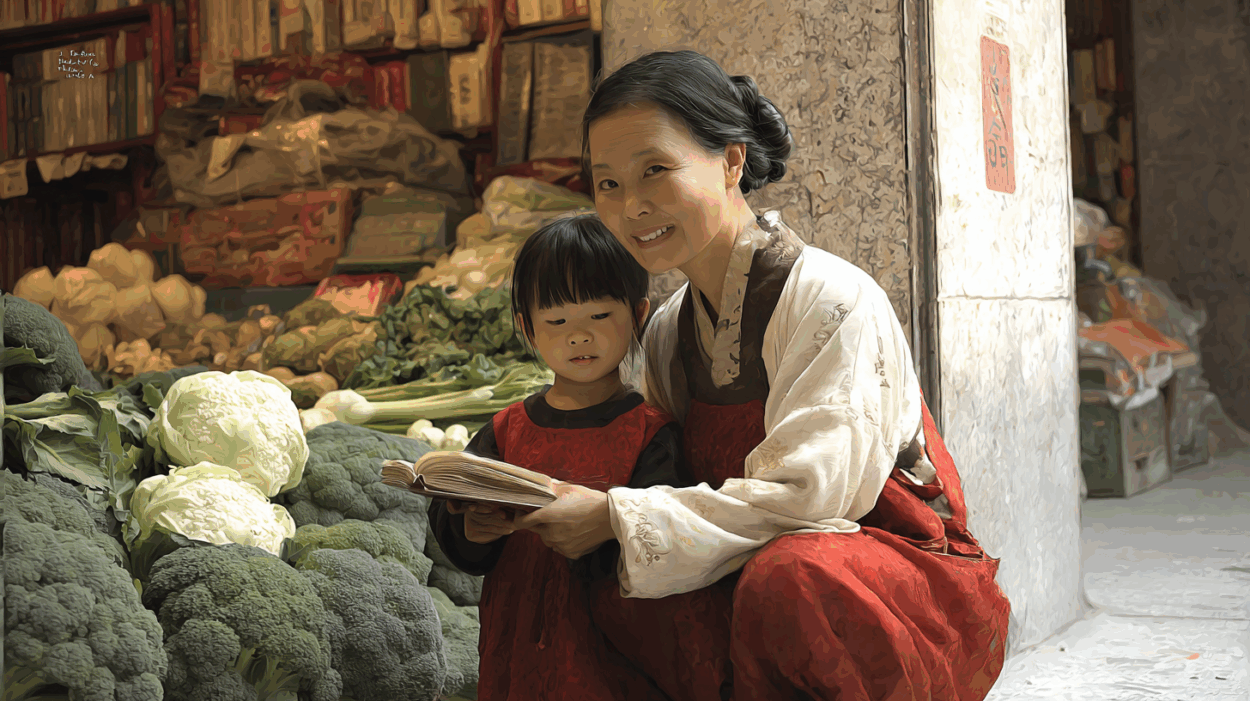 Image of a Chinese lady with a little child holding a book - symbolizing the selfless deeds of a Taiwanese philanthropist who's donations enabled the education of many children.