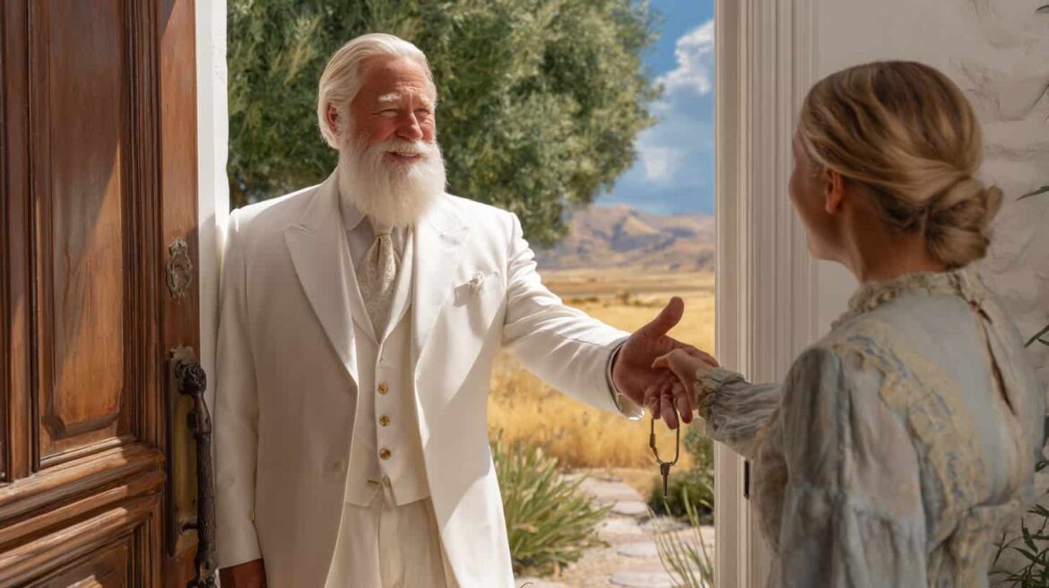 A man in white suit handing a female a set of keys symbolizing a benefactor.