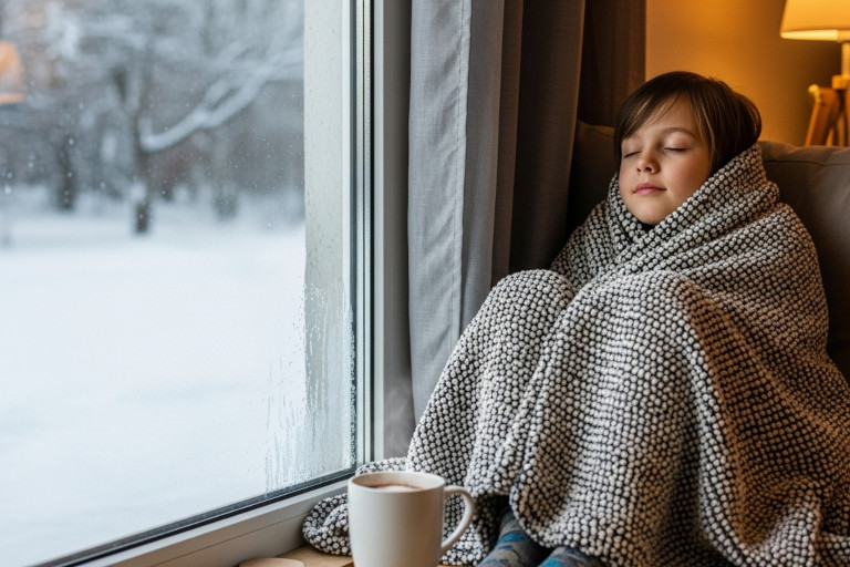 AI-generated image of a child wrapped in a cozy blanket inside a warm home, looking out a window at the cold snowy weather outside.