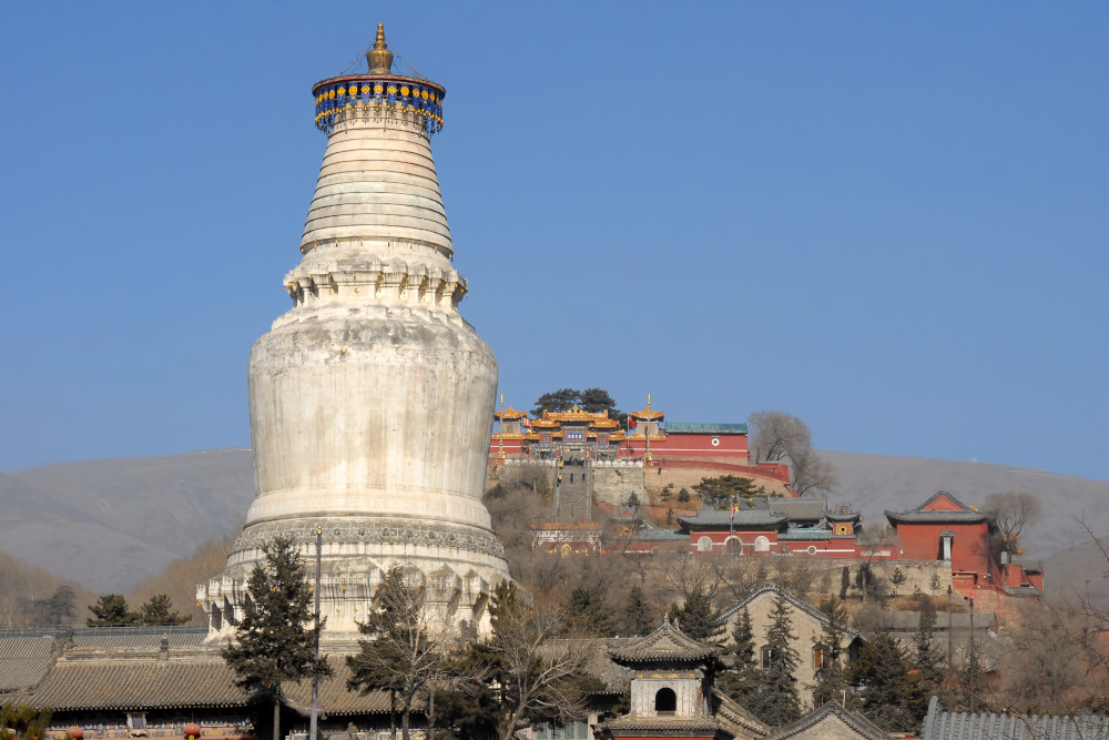 View of Tayuan Temple and the Great White Pagoda at Wutai Mountain in China.