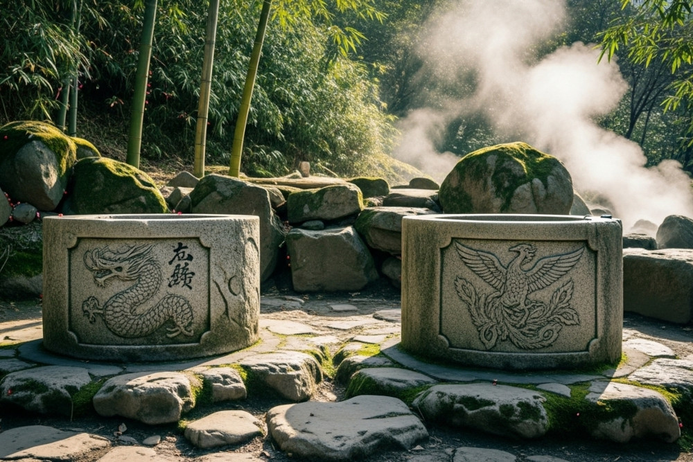 AI-generated image of two ancient stone wells labeled dragon and phoenix on a quiet mountain path.