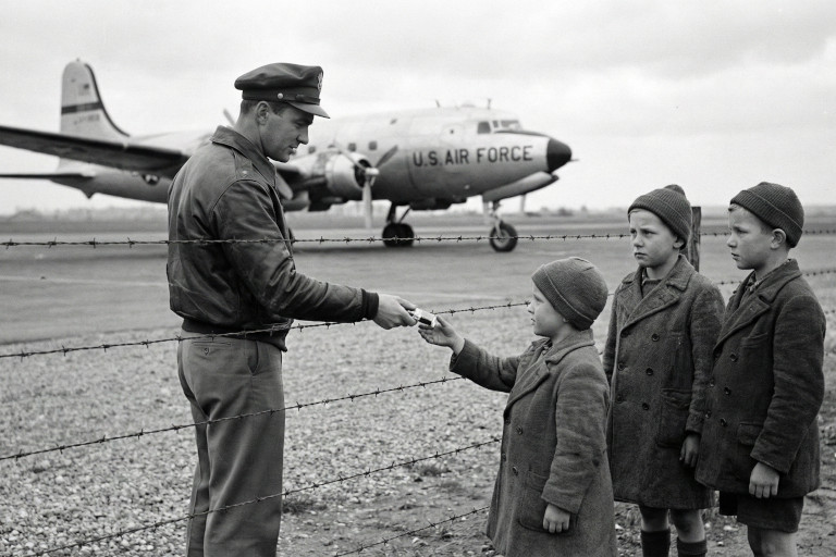 AI-generated image of an American pilot standing on the runway side of a barbed-wire fence, handing a chocolate bar to German children gathered outside the airfield.
