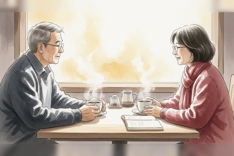AI-generated image of an elderly couple sitting together at a cozy coffee shop table, sipping warm drinks and talking with gentle smiles in a soft watercolor style.