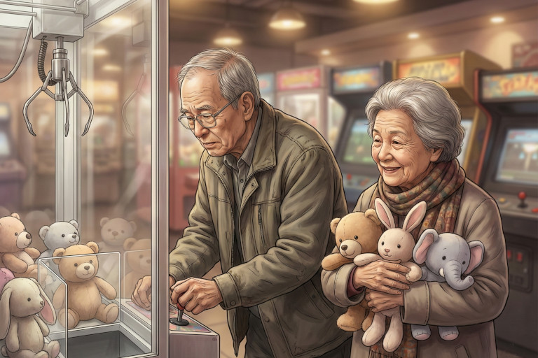 AI-generated image of an elderly man concentrating at a claw machine while his wife stands behind him holding several plush toys, both rendered in a soft watercolor style.