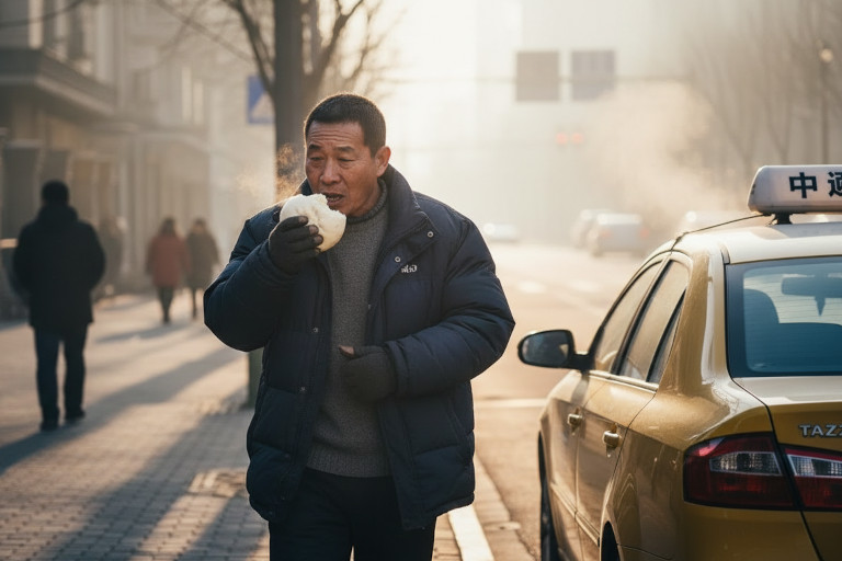 AI-generated image of a Chinese taxi driver standing beside the taxi and eating a steamed bun.