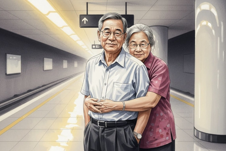 AI-generated image of an elderly woman standing behind her husband on a subway platform, gently wrapping her arms around him as he smiles softly.