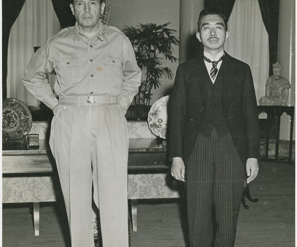 Douglas MacArthur and the Emperor of Japan, Hirohito, at the first meeting of these two nations, September 1945.