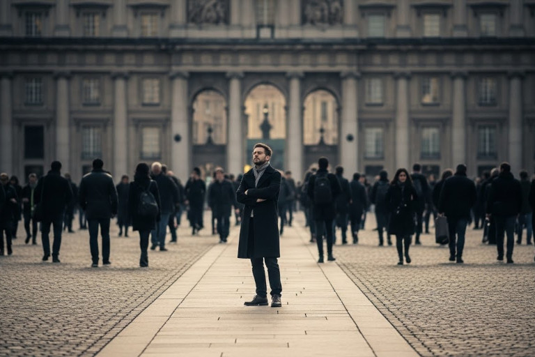 AI-generated image of a man standing alone in a crowded city square.